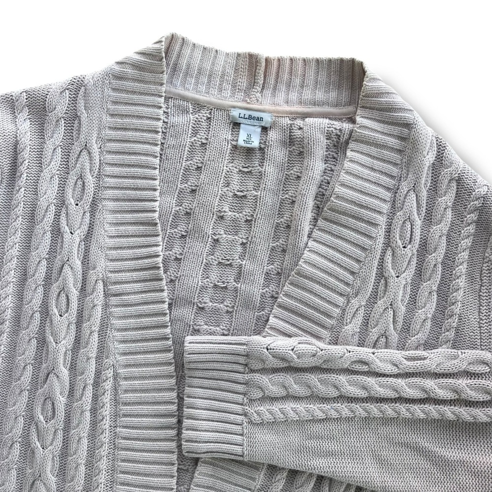 L.L. Bean Women XL Beige Cotton Cable Knit Open Front Fisherman Cardigan Sweater